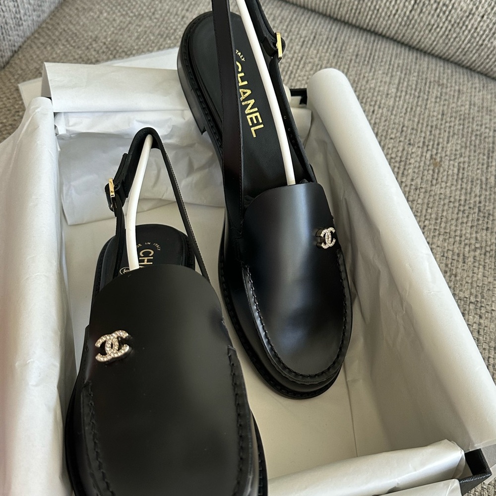 NEW CHANEL Black Calfskin Slingback Loafers Silver Logo w/Receipt